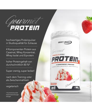 Best Body Nutrition Gourmet Premium Pro Protein Shake - Strawberry Cream 500g | 4-Component Blend: Caseinate Whey Concentrate Isolate & Egg Protein | International Shipping Available - Buy Online on GoSupps.com