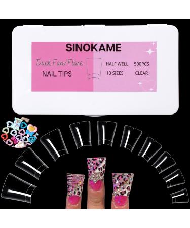 SINOKAME 500PCS Duck Nail Tips  Clear Duck Feet Fan Flare Nail Tips for Acrylic Nails  Wide French False Nail Tips Y2K Vibe With Random Charms 10 Sizes Half Cover Medium- 500Pcs