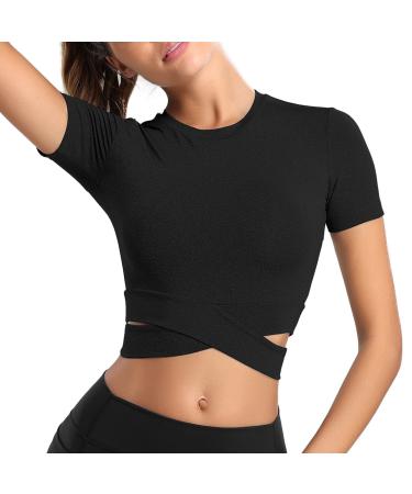 Muyogrt T-shirt women sports shirt crop top sexy sport above belly-free summer running shirt breathable sports top light yoga fitness shirts fast dry functional shirt s black (short arm)
