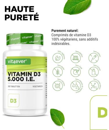 Vitamine D3 5000 U.I. d p t - 500 comprim s - haut dosage - v g tarienne - haute puret - dose de 5 jours 1000 UI par jour - qualit premium - Buy Online on GoSupps.com