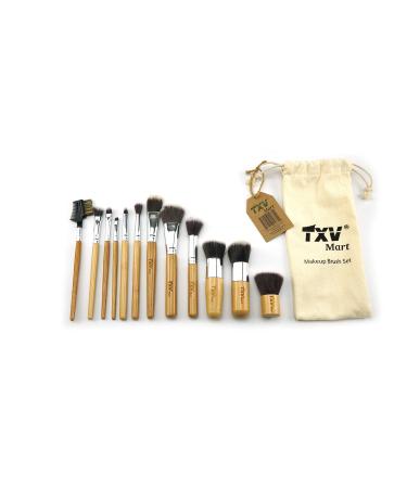 Mart Professional Wooden Makeup Brush Set 12 Pieces with Travel Pouch | Bamboo Handles with Premium Ultra Soft Synthetic Bristles
