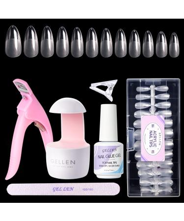 Gellen Nail Tips And Glue Gel Kit, Nail Extension Kit With 504Pcs Almond Clear Fake Nails, U V LED Nail Lamp, 3 In 1 Nail Glue, Home/Salon DIY Nail Art Tools Gel Nail Extension Starter Kit For Women #Almond