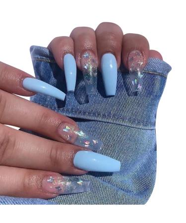 Uposao 24 pieces coffin ballerina false nails to stick on long wrong nails French fingernails nails tips acrylic art press on the nail tips for women girls blue - Buy Online on GoSupps.com