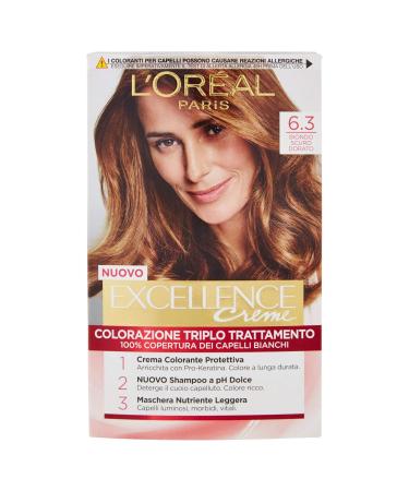 L'Or al Paris Excellence Creme colored color with triple treatment covers white hair for a long -lasting result 6.3 dark blonde gold colors