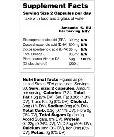 Vegan Omega 3 Supplement (60 Capsules) Omega-3 EPA Vitamin D3 & DHA Supplements - Algae Omega 3 Vegan Supplements for Brain Eye & Heart Health Omega 3 for Kids & Adults 60 Count (Pack of 1) - Buy Online on GoSupps.com