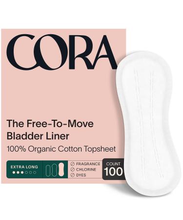 Cora Ultra Thin Organic Bladder Liners | Incontinence & Postpartum Pads for Women | Panty Liners for Bladder Leaks | Breathable Cotton (Extra Long | 100 Count)