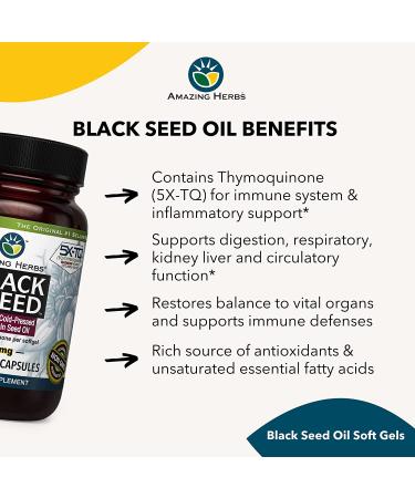 Amazing Herbs Premium Black Seed Oil Capsules - Gluten Free Non GMO - Cold Pressed Nigella Sativa - Digestive Health, Immune Support, Brain Function - 90 Count x 2 - Buy Online on GoSupps.com