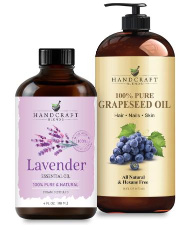 Handcraft Blends Lightweight Relax Set: Grapeseed Oil (16 Fl Oz) and Lavender Essential Oil (4 Fl Oz) 100% Pure & Natural for Gentle Massage and Sensitive Skin