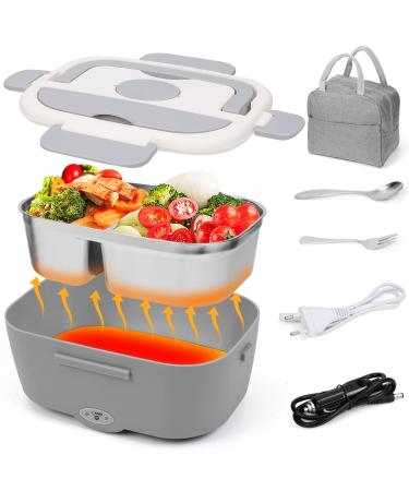 Glovios electrical lunch box 1.5l food warmer Auto 3 in 1 (12V/24V/220V) lunch box electrical lunch box insulated heat box portable bento heating lunch box with isolated bag & fork spoon (gray)