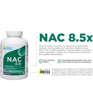 Platinum Naturals NAC 8.5x 600mg 120 Softgels - Enhanced N-Acetyl-L-Cysteine Formula - Pure NAC Supplement Maintaining Antioxidant Levels - Supports Immune System and Liver Functions - Buy Online on GoSupps.com