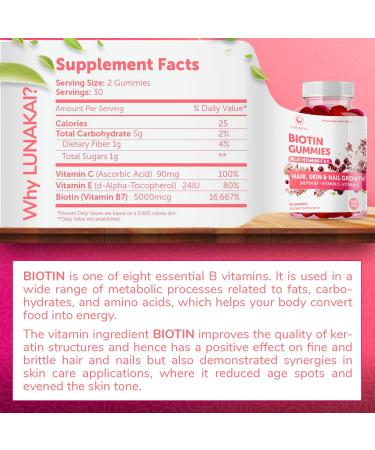 Vegan Biotin Gummies for Hair, Skin, and Nails - Vitamin C & E, Non-GMO Gummy Supplements for Women - Promotes Natural Collagen & Hair Growth - 30 Day Supply (60 Count) - Buy Online on GoSupps.com