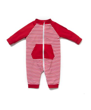 BONVERANO Baby Girls Swimsuit Toddler Bathing Suit Full-Length Zipper One Piece Swimwear with UPF 50+ Sun Protection Red Stripe 12-18 Months