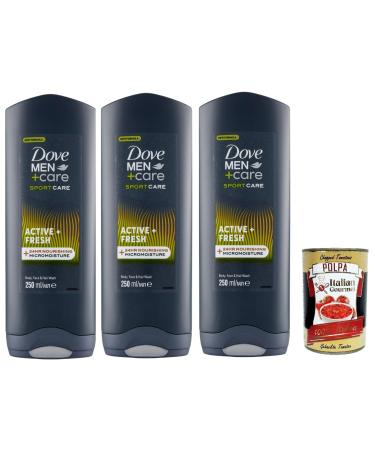 Italian Gourmet E.R. Dove Men+Care 3 in 1 Shower Gel Sport Care Active + Bath Shower for Body Face and Hair with 24-Hour Care Effect 3 x 250 ml + Polpa Italian Gourmet 400 g