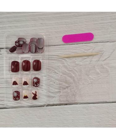Bufenia 24Pcs Christmas Red Glitter Press on Nail Set - Short Square False Nails with Elk Snowflake Design - Glossy Acrylic Full Cover Nails for Women and Girls - Buy Online on GoSupps.com