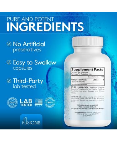 Infusions Pure CoQ10 200mg 200 Capsules (Coenzyme Q10) High Absorptions Vegan Gluten Free Non-GMO - Buy Online on GoSupps.com