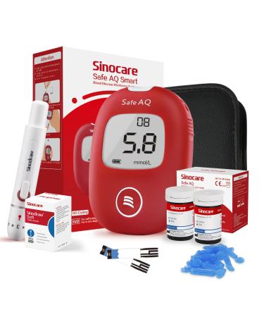 sinocare Diabetes Testing Kit/ Blood Glucose Monitor Safe AQ Smart/ Blood Sugar Test Kit with Strips x 50 & Lancing Devices x 50 & Carrying Bag for UK Diabetics -in mmol/L Safe AQ Smart 50kit
