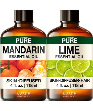 Mandarin Essential Oil for Diffuse & Lime Essential Oil for Diffuser Set - Aromatherapy Grade Essential Oils Set - 2X 4 Fl Oz - Kukka