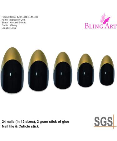 Bling Art Almond False Nails Fake Stiletto Gold Black Glossy 24 Long Tips Glue - Buy Online on GoSupps.com