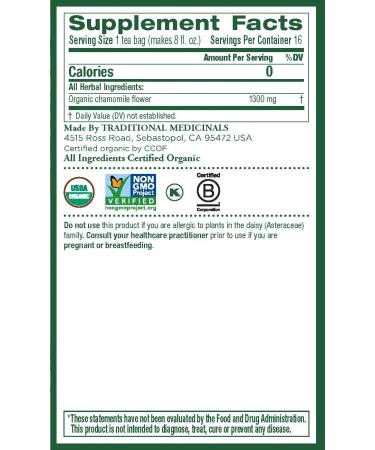 Organic Chamomile Herbal Tea - Caffeine Free | Traditional Medicinals - 16 Wrapped Bags - Buy Online on GoSupps.com