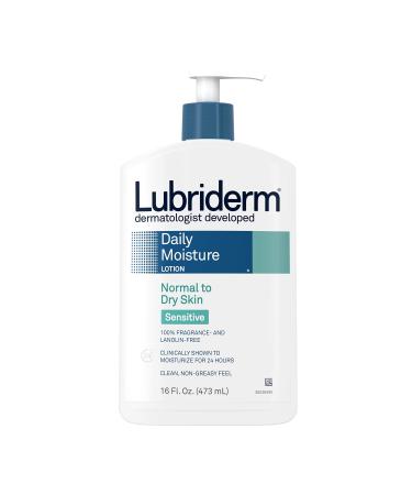 Lubriderm Daily Moisture Body Lotion for Sensitive Dry Skin Enriched with Vitamin B5 Dye and Lanolin Free Unscented and Non-Greasy 16 fl. oz
