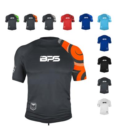 BPS Men's UPF 50+ Short Sleeve Swim Shirt/Rash Guard with Sun Protection 05 - Short Sleeve Patterned Charcoal Orange X-Large