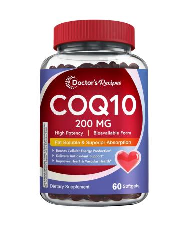 Doctor's Recipes CoQ10 200mg 60 Softgels Highly Absorbable Coenzyme Q10 Antioxidant Support & Cellular Energy Boost Improves Heart Vascular & Muscle Health Non-GMO No Gluten Dairy