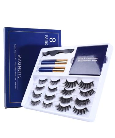 Teqqo Magnetic Eyelashes with Eyeliner - 8 Pairs Reusable Magnetic Eyelashes Kit with 5 Pairs Makeup Removal Wipes 3D Natural False Lashes with Tweezers