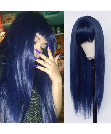 TaBeWay Synthetic Replacement Hair Wig With Bangs Blue Color Heat Resistant No Lace Wigs for Fashion Women JZ-Blue