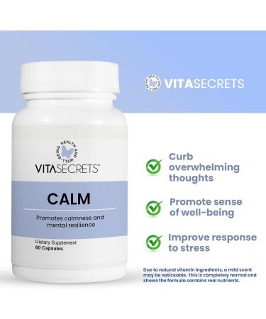 Vitasecrets Calm Stress Relief Supplement - Ashwagandha Capsules GABA Green Tea Extract and L Theanine Boosts Mood Gluten Free No Artificial Colors or Preservatives - 60 Capsules - Buy Online on GoSupps.com