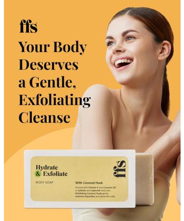 Hydrate & Exfoliate Body Soap Bar - Cruelty-Free Vegan & Natural Soap Bar w/Vitamin E & Coconut Oil & Coconut Husk for Sensitive Skin - FFS Beauty Bar with Tropical Coconut Scent - Buy Online on GoSupps.com
