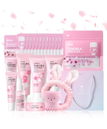 LAIKOU Sakura Skincare Set for Teen Girls Complete 34PCS Face Care Kit Christmas Pamper Gift Set for Women & Teenage Girls Hydrating & Nourishing Travel-Friendly Daily Facial Skincare Routine