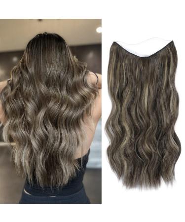 Invisible Secret Hair Extensions with Adjustable Size Removable Clips 20inch Long Hair Brown with Highlights Synthetic One Piece Full Head Curly Hair Pieces for Women 20 Inch Mushroom Brown Balayage