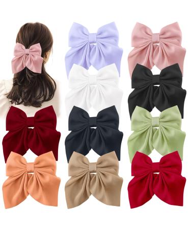 RESTPOTY 10 Pcs Bow Hair Clips for Women Girls 5.5 Inch Big Hair Bows 10 Solid Colors Handmade Soft Fabric Bowknot French Barrettes Hair Accessories