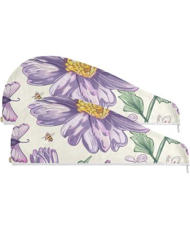 Super Absorbent Cartoon Purple Butterfly & Flowers Hair Towel 2 Pack - Quick Dry Turbans for Women & Girls - Buy Online on GoSupps.com