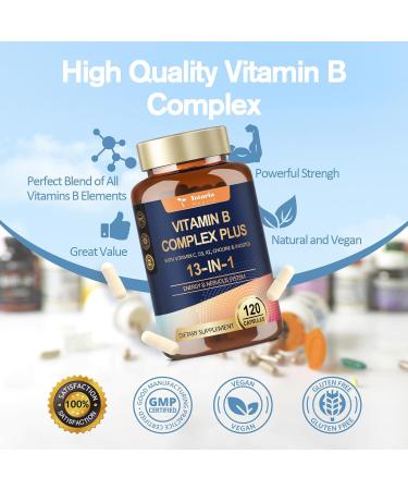 13-in-1 Vitamin B Complex Plus with Vitamin B1, B2, B3 (Niacinamide), B4, B5, B6, B7 (Biotin), B8 (Inositol), B9 (Folate), B12, C, D3, K2 - Energy, Nerve, Immune, Skin Support - 120 Vegan Capsules - Buy Online on GoSupps.com