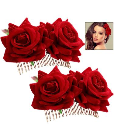 Iwobi ladies rose flower manual hair clip bride rose flower hair crest hair jewelry for wedding party halloween carnival masquerade (red)
