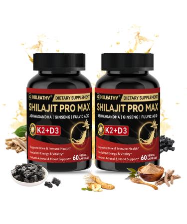 HIILEATHY 2 Pack Shilajit for Men Women Shilajit w/Vitamin D3 K2 Shilajits for Men w/Fulvic Acid Ashwagandha Shilajits for Extra Power Stamina Immune Support Non-GMO Made in US 60 Capsules