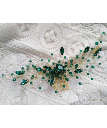 Anglacesmade Bridal Green Crystal Hair Comb Emerald Hair Vine Malachite Green Wedding Headpiece Prom Party Festival Hair Accessories for Women and Girls (Gold) - Buy Online on GoSupps.com