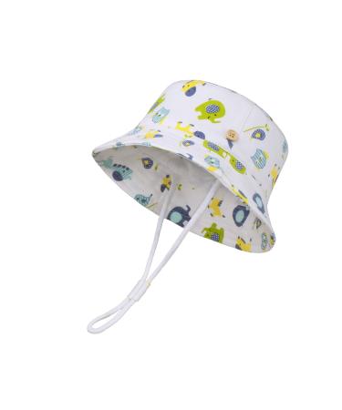 LANGZHEN Beach Sun Protection Hat for Baby Girls Adjustable Toddler Kids Hat Wide Brim Summer Play Hat with Chin Strap White - animals 3-6 Months