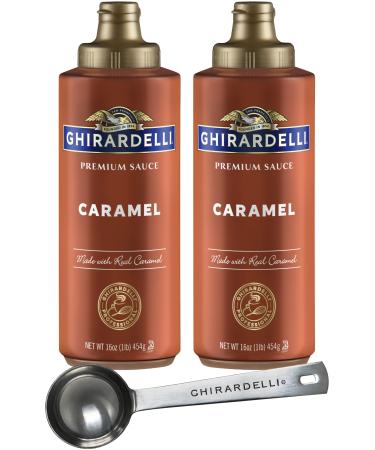 Ghirardelli Caramel Sauce 16 Ounce Squeeze Bottle (Pack of 2) with Ghirardelli Stamped Barista Spoon