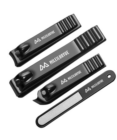 MILEILUOYUE Nail Clippers Set Black Stainless Steel Nail Cutter& Sharp Oblique Toe Nail Clipper & Nail File 4 Pieces, Metal tin Box for Men and Women Suitable for Gifts. 4 Piece Set