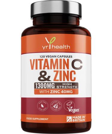 Vitamin C 1300mg and Zinc 40mg High Strength - VIT C and Zinc for Maintenance of Normal Immune System - 120 Vegan Capsules not Tablets - 2 per Daily Serving - Made in The UK by YrHealth