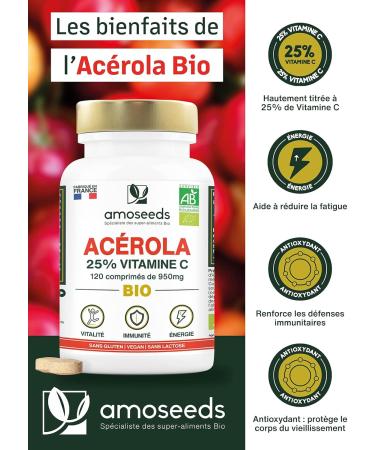 Acerola ORGANIC 25% Natural Vitamin C | 120 950mg Chewable Tablets | Anti-Fatigue Oxidative Stress Immunity | Superior Quality - Buy Online on GoSupps.com
