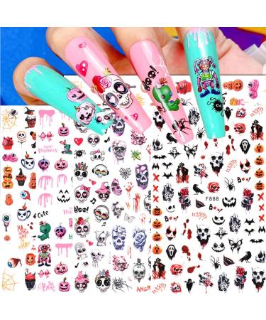 10 Sheets Halloween Nail Art Stickers Decals Self-Adhesive Pink Green Blood Skeleton Nail Supplies Nail Art Design Decoration Accessories - Buy Online on GoSupps.com