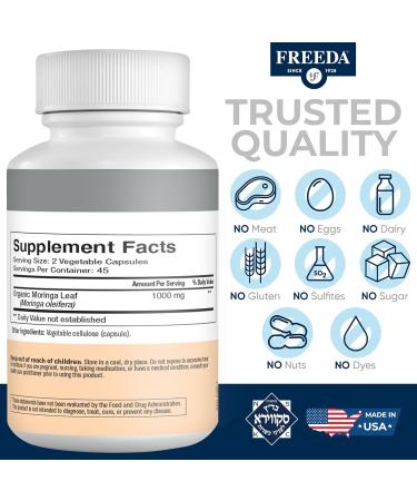 FREEDA Moringa Organic Moringa Oleifera Leaf 1000mg Antioxidant-Rich Green Superfood for Energy Immunity & Daily Wellness 90 Vegan Capsules Non-GMO Kosher Made in USA Trusted Since 1928 - Buy Online on GoSupps.com