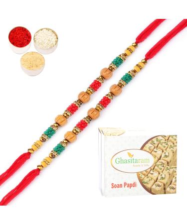 Ghasitaram Gifts Rakhi for Brother Rakhis Online - Set of 2-7086 Fancy Thread Rakhi with 400 GMS of Soan Papdi Set of 2 Rakhis with 400 gms of Soan Papdi
