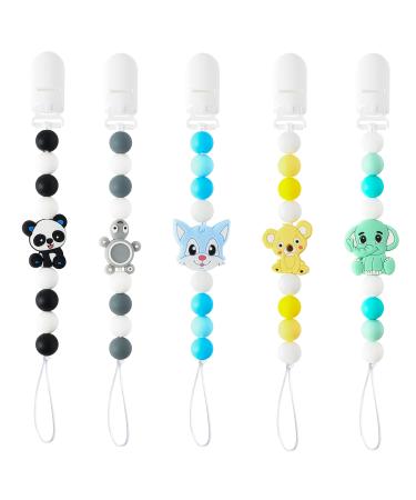 QIMGIC 5pcs Animal Pacifier Clip Teether Toy  Pacifier Holder Teethers for Baby Boys Girls  Teething Soothie Toy with Clips for Baby Shower Birthday Christmas New Year Keepsake Gift