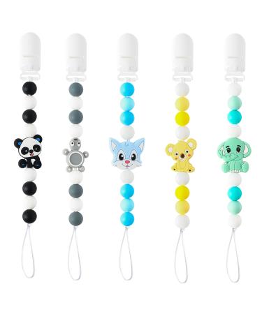 QIMGIC 5pcs Animal Pacifier Clip Teether Toy  Pacifier Holder Teethers for Baby Boys Girls  Teething Soothie Toy with Clips for Baby Shower Birthday Christmas New Year Keepsake Gift