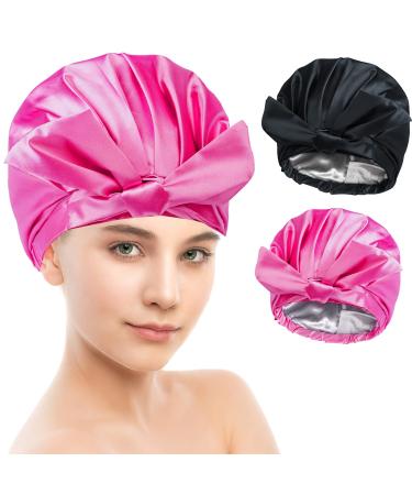 2 Pieces Shower Caps Silky Satin Lined Shower Cap for Women Long Hair  Waterproof Extra Large Hair Cap Adjustable Reusable Bath Hair Hat for Shower  Silk Cap for Kids Girls (Black and Rose Red)
