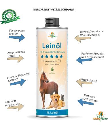 Mahu Nature Linseed Oil for Dogs 1L - Omega 3 & 6 Fatty Acids - Natural BARF Oil for Dogs Cats & Horses - Eco-Friendly 1000ml Recyclable Can - Buy Online on GoSupps.com
